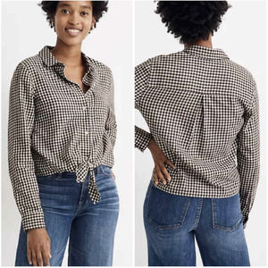 Madewell Flannel Tie-Front Shirt in Gingham Check Brown White XXS